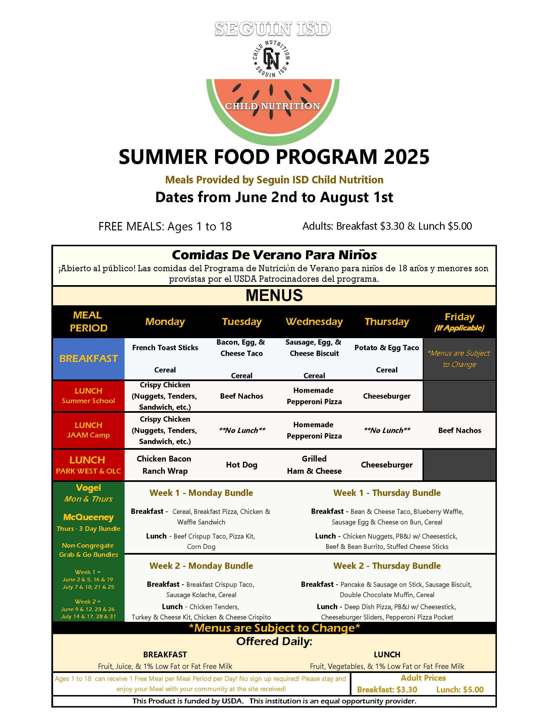 SUMMER FOOD PROGRAM 2025. Menu information.