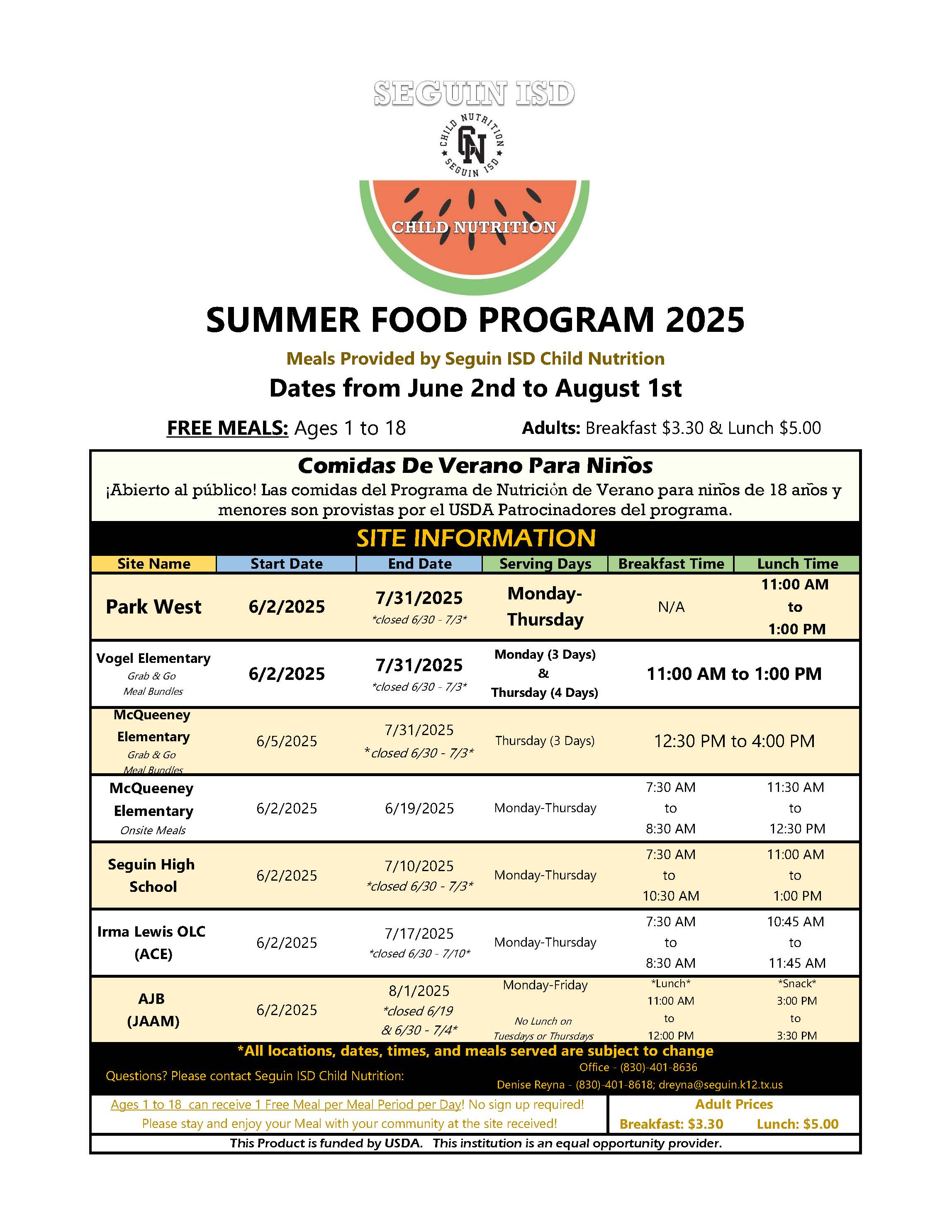 SUMMER FOOD PROGRAM 2025. Meals Provided by Seguin ISD Child Nutrition.