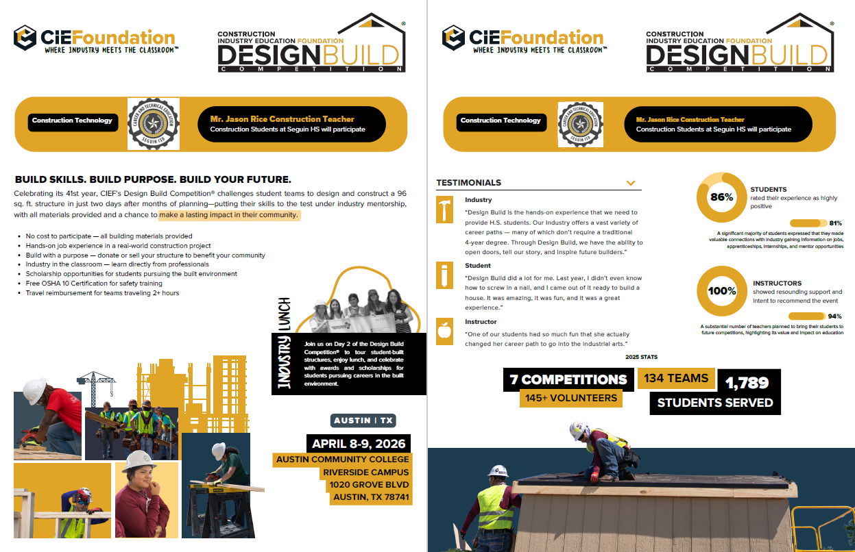 event information and pictures students performing construction tasks